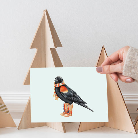 carte d'oiseau, carte de noël d'oiseau carouge à épaulette en bottes d'hiver par l'artiste Amélie Legault, bird greeting card, bird holiday card, american red winged christmas card by canadian artist Amelie Legault 