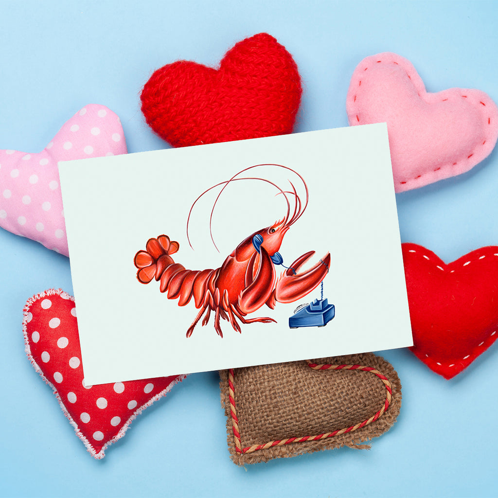 Valentine's day card, hello i love you, carte st-valentin, allo je t'aime, amélie legault, homard, lobster, téléphone, phone