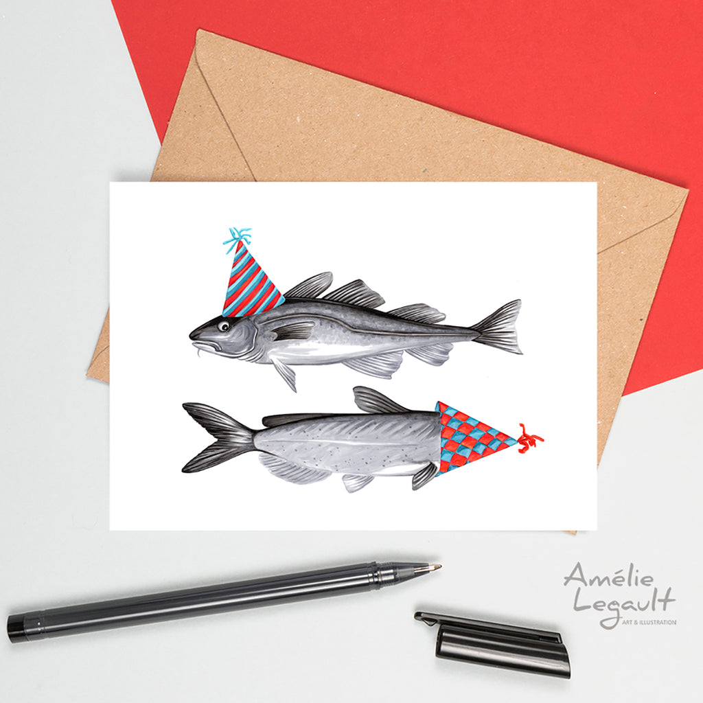 carte de fête de poisson, carte d'anniversaire de poissons, barbotte, par Amélie Legault, carte bonne fête