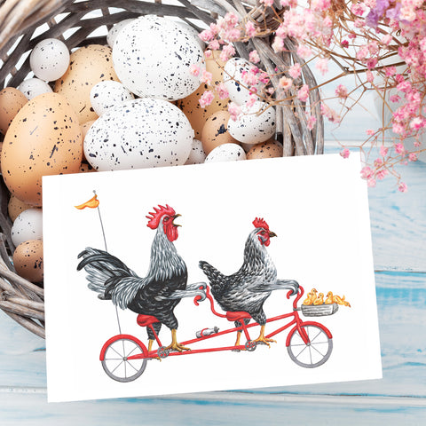 Carte de poule, carte d'anniversaire, carte de pâques, carte de fête des mères. carte de fête des pères. poule à vélo, coq à vélo