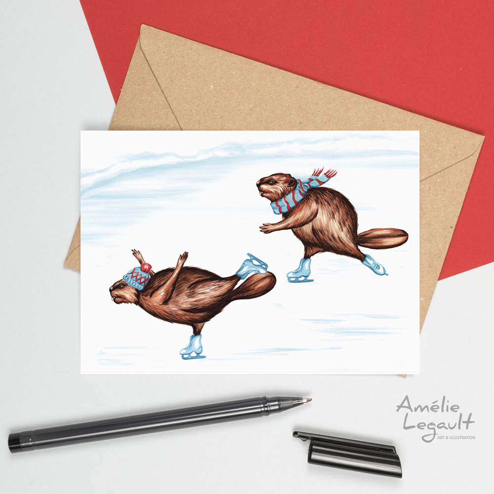 beavers card, beaver illustration, canadian animal, beaver drawing, amelie legault, canadian artist, ice skate card, ice skate illustration