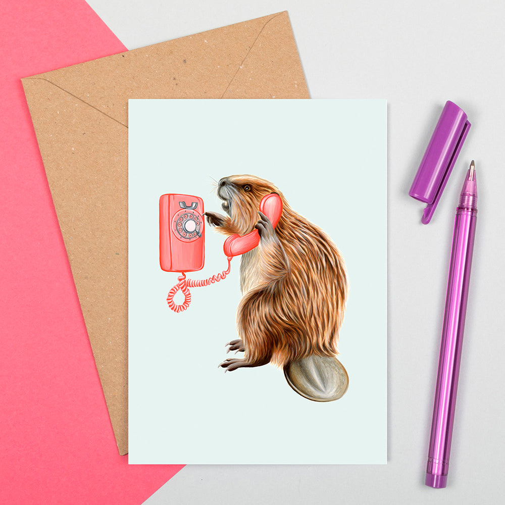 beaver card, birthday card, greeting card, beaver illustration, beaver on the phone, amelie legault, canadian animal, canadian artist, made in canada
