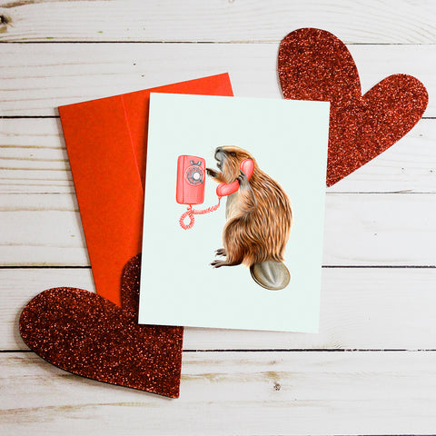 Valentine's day card, hello i love you, carte st-valentin, allo je t'aime, amélie legault, castor, beaver, téléphone, phone