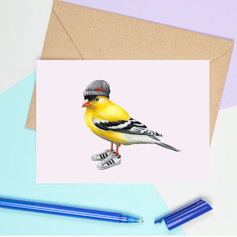 goldfinch card with hat and shoes, goldfinch birthday card, bird card by Amélie Legault,