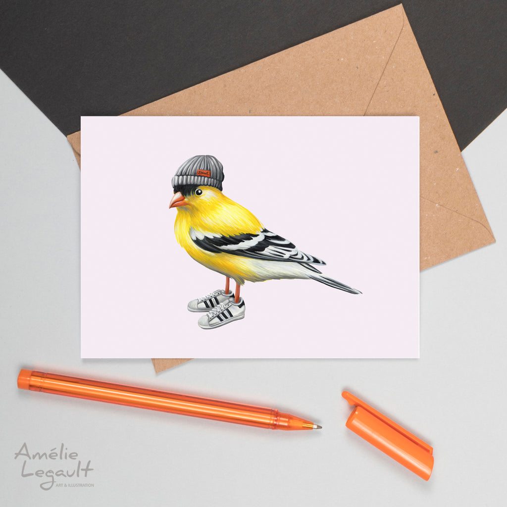 carte de souhaits d'oiseau chardonneret avec tuque et souliers, carte d'oiseau, carte de fête, Amélie Legault 