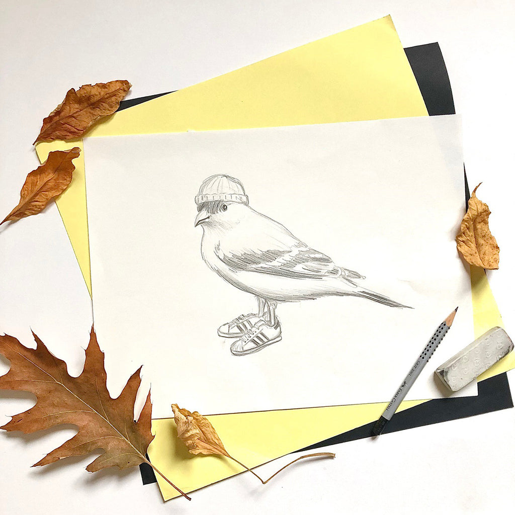 goldfinch bird illustration, goldfinch artwork, goldfinch painting, amelie legault, shoes, beanie hat, north american bird 