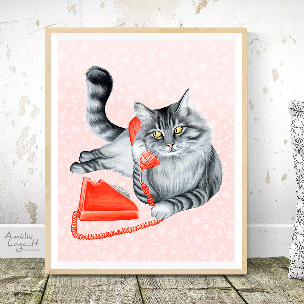 Cat on the phone, art print, cat illustration, cat painting, amelie legault, rotary phone, vintage phone, talking on the phone, gray cat