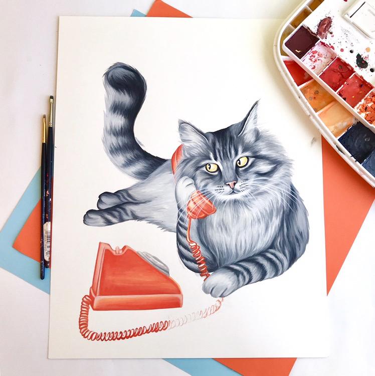 cat painting, cat illustration, cat lover, cat lady, cat on the phone, vintage phone, rotary phone, amélie legault, phone painting, canadian artist, made in canada