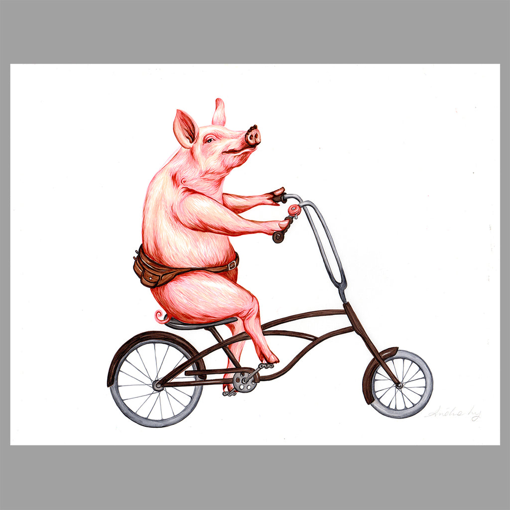 Pig on a bike, Illustration, Original Artwork, Amelie Legault