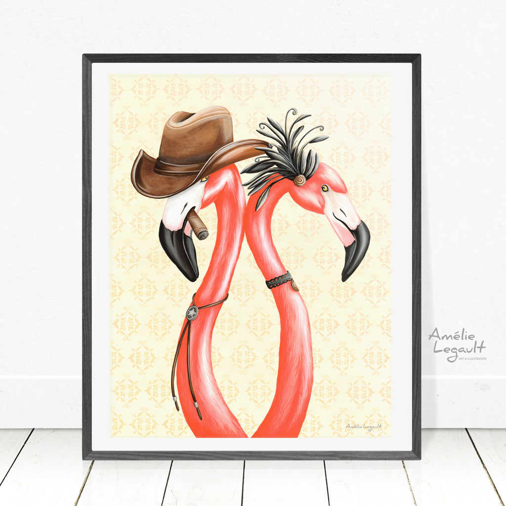 flamingo art, flamingo love, flamingo decor, flamingo illustration, amelie legault, cowboy, saloon girl, cowboy illustration, cowboy art, far west illustration, far west decor