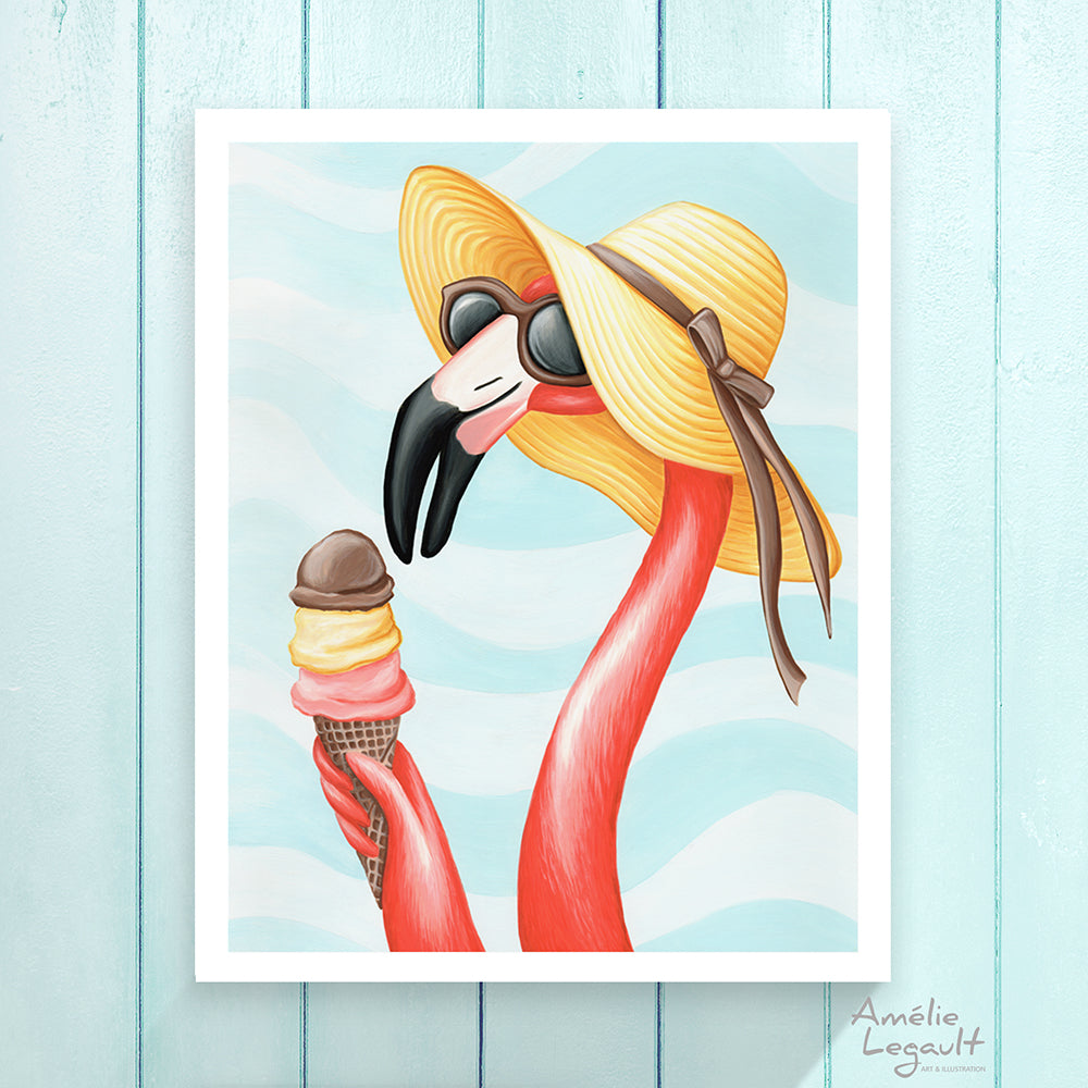 Pink flamingo, ice cream cone, art print, flamingo art, flamingo love, flamingo decor, flamingo illustration, amelie legault, ice cream illustration
