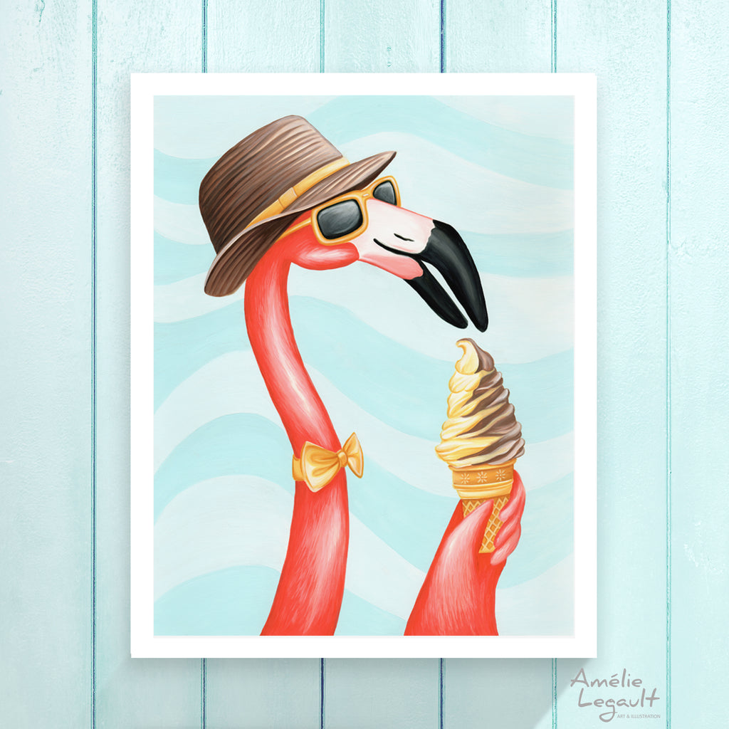 Flamant rose, cornet de crème glacée, flamingo art, flamingo love, flamingo decor, flamingo illustration, amelie legault,