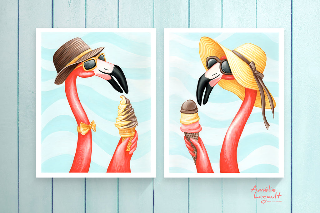 pink flamingo, flamingo art work, flamingo art print, print set, flamingo illustration, ice cream cone, amelie legault, made in canada, canadian artist