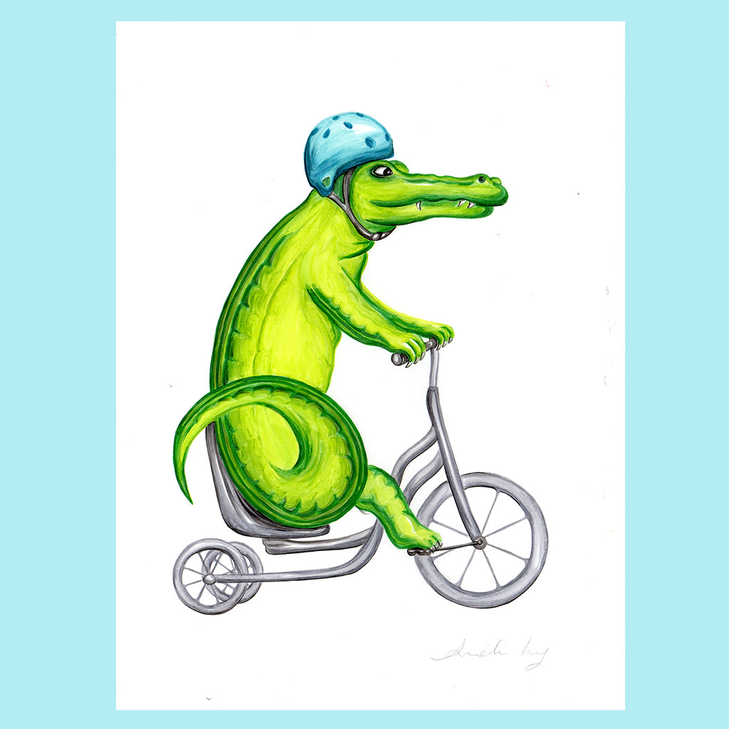 Crocodile on a bike - Original Artwork, Crocodile illustration, Amelie Legault 