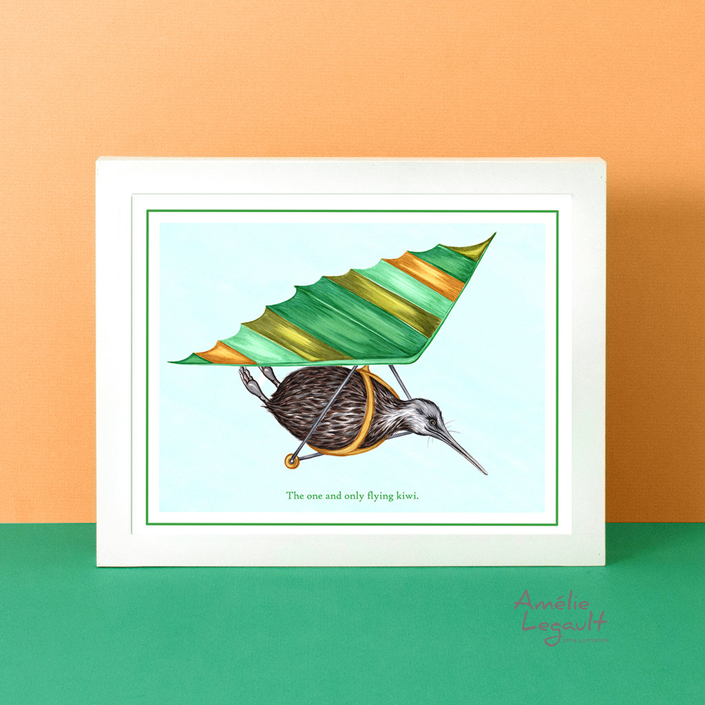 Flying Kiwi bird print, hang glidding drawing, Home decor, Kiwi bird, kiwi illustration, kiwi art, art print, amelie legault, kiwi love, new zealand
