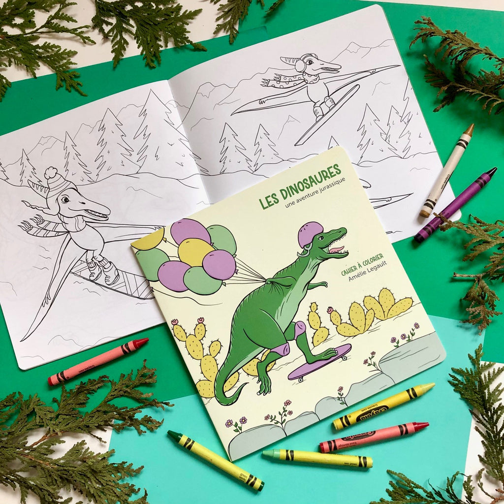 cahier à colorier de dinosaures par l'artiste autrice et illustratrice Amélie Legault, cahier à colorier pour enfants avec des dinosaures, fait au Québec