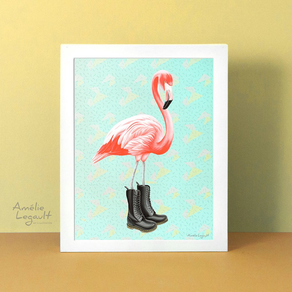 Pink Flamingo, boots, art print, home decor, flamingo art, flamingo love, flamingo decor, flamingo illustration, illustration, amelie legault