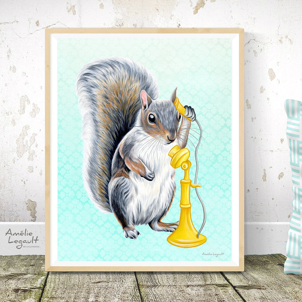 Squirrel on the phone, art print, squirrel illustration, squirrel art, squirrel painting, canadian animal, canadian artist, amelie legault, antique phone, yellow phone, phone illustration, phone art