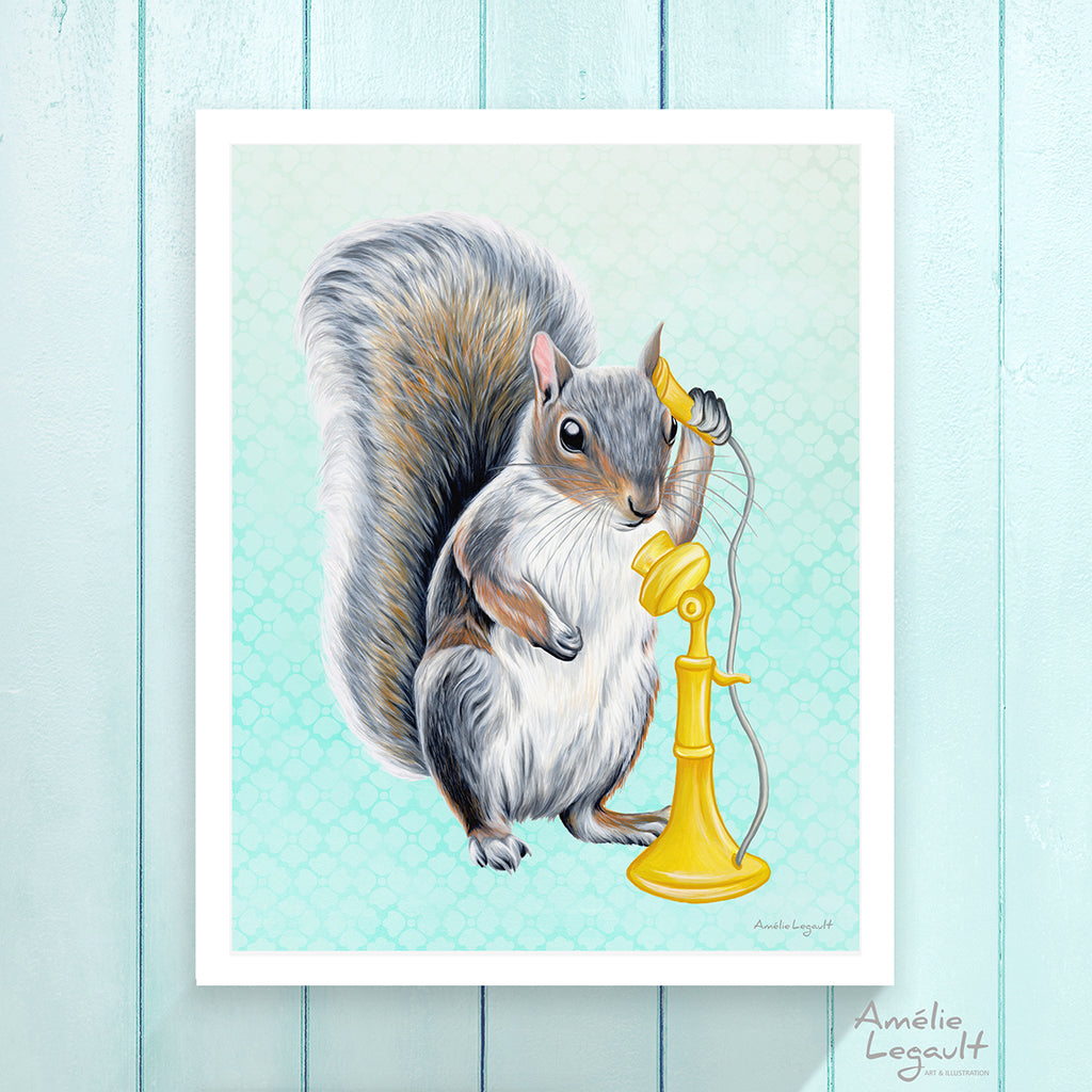 Squirrel illustration, Amelie Legault, squirrel on the phone, talking on the phone, phone illustration, vintage phone, retro phone, squirrel art