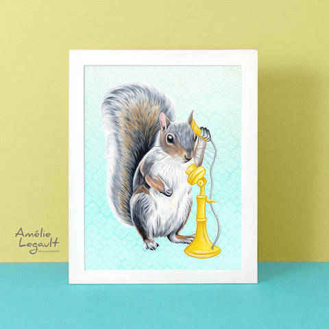 squirrle art print, squirrel art work, squirrel on the phone, amelie legault, canadian artist, canadian animal, made in canada, fait au québec 