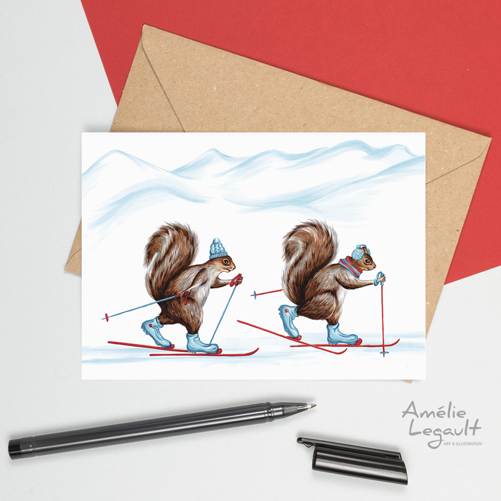 Cross-Country skiing squirrels, card, drawing, amelie legault, holiday card