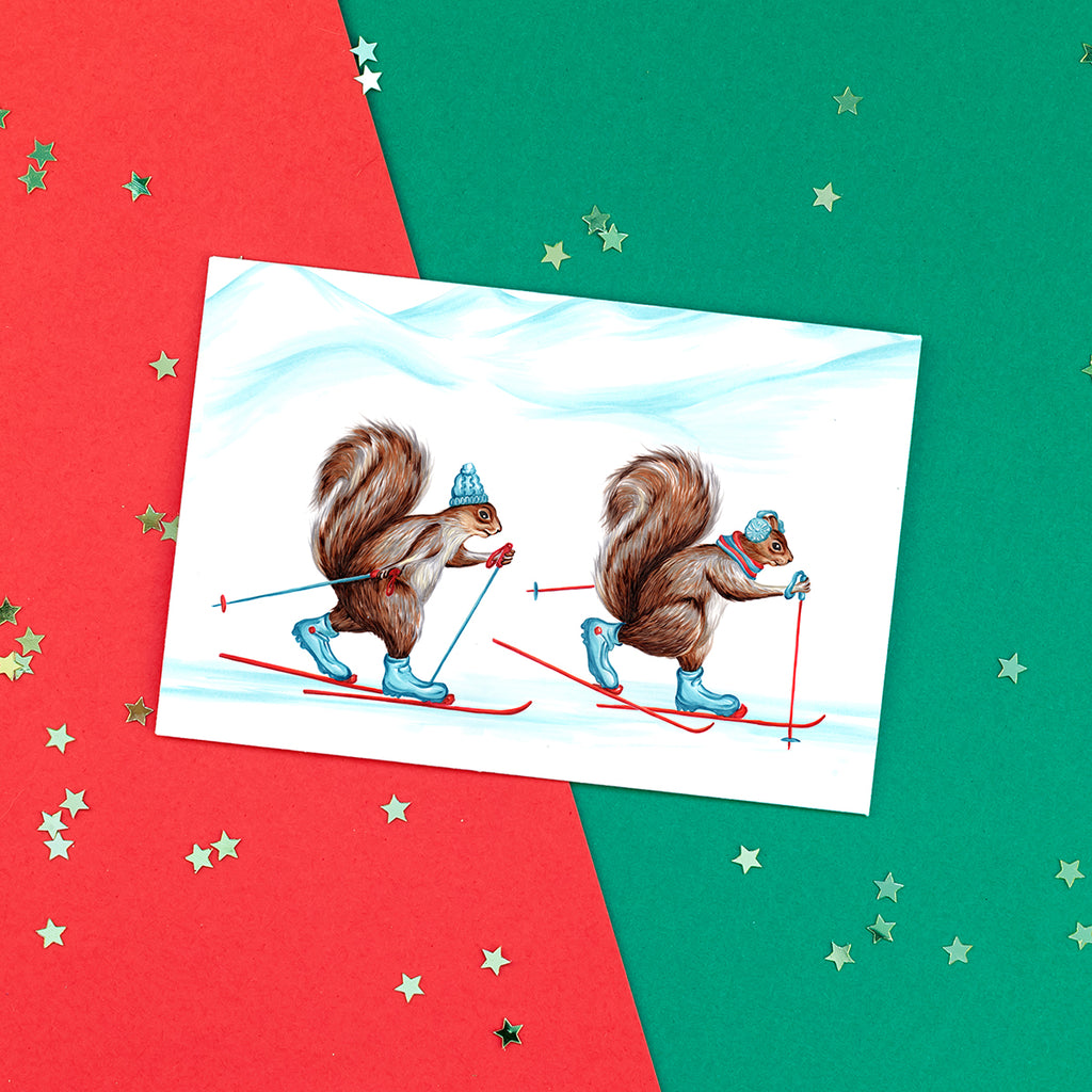 holiday card, christmas card, squirrel card, cross-country skiing, amelie legault, ski de fond, écureuil, carte de noël