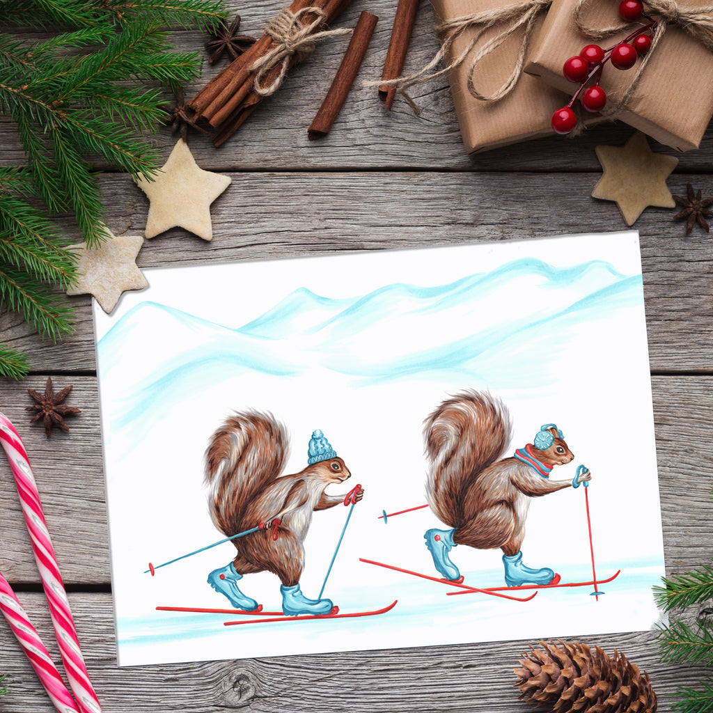 carte d'écureuils, Écureuils en ski de fond, carte, carte de noël, amelie legault