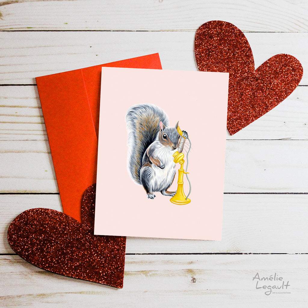 Valentine's day card, hello i love you, carte st-valentin, allo je t'aime, amélie legault, écureuil, squirrel, téléphone, phone
