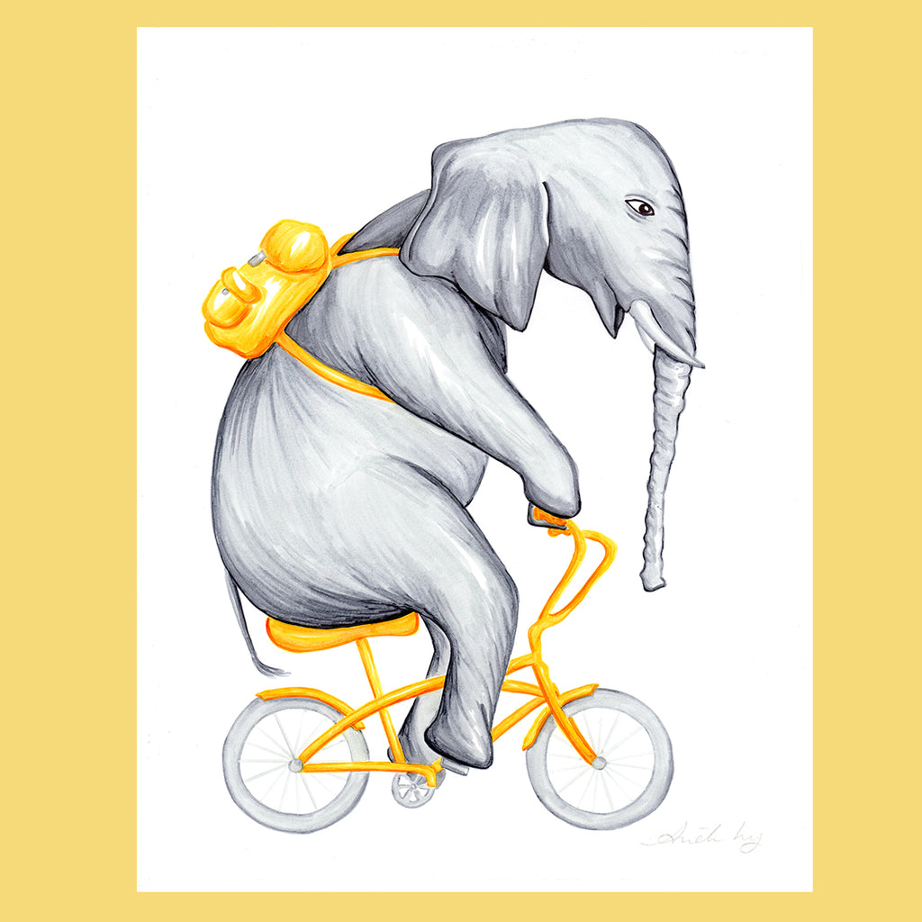 Elephant on a bike - Original Artwork, elephant illustration, Amelie Legault