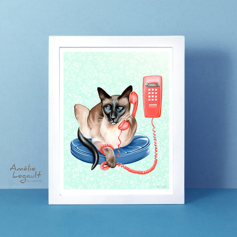 Siamese Elvis Cat artwork, Cat on the phone illustration, art print