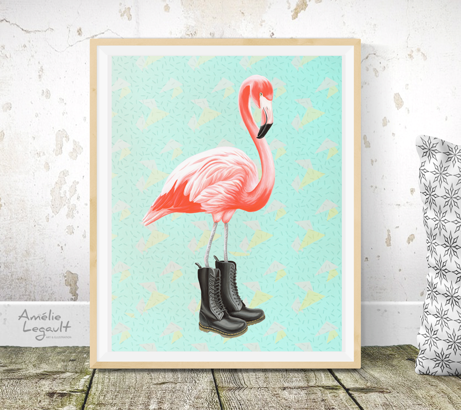 pink flamingo, boots, art print, flamingo painting, flamingo art work, made in canada, amelie legault, fait au quebec, flamants roses