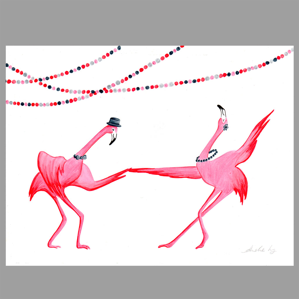 flamingo illustration, dance, amelie legault, original artwork, flamingo art, flamingo love, flamingo decor