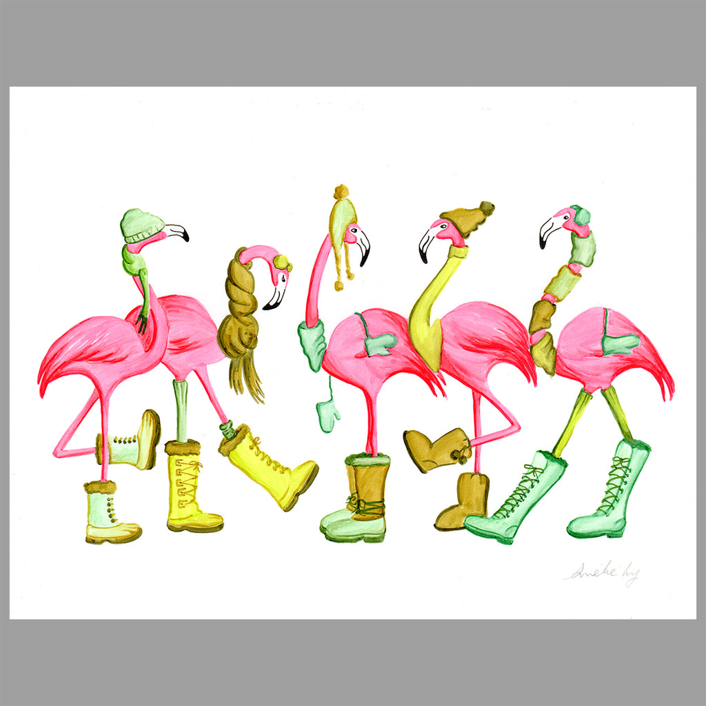 flamingo illustration, winter, original work, amelie legault, flamingo art, flamingo love, flamingo decor