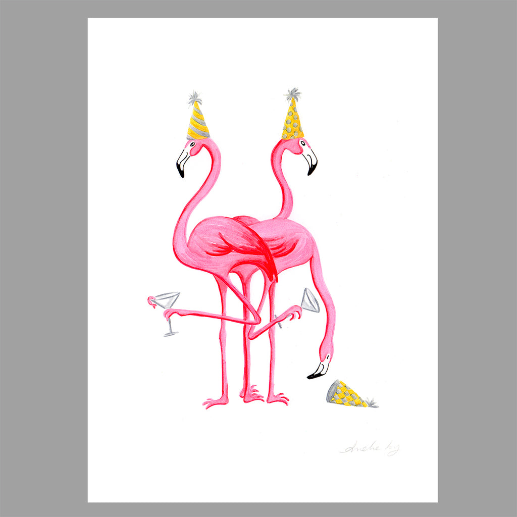 flamingo illustration, original artwork, amelie legault, party, flamingo love, flamingo art, flamingo decor