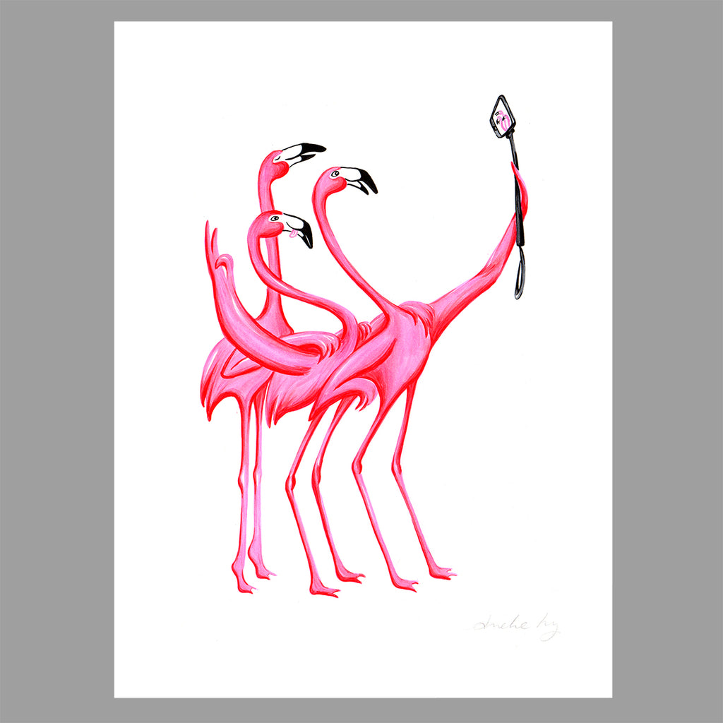 flamingo illustration, selfie, original artwork, amelie legault, flamingo art, flamingo love, flamingo decor