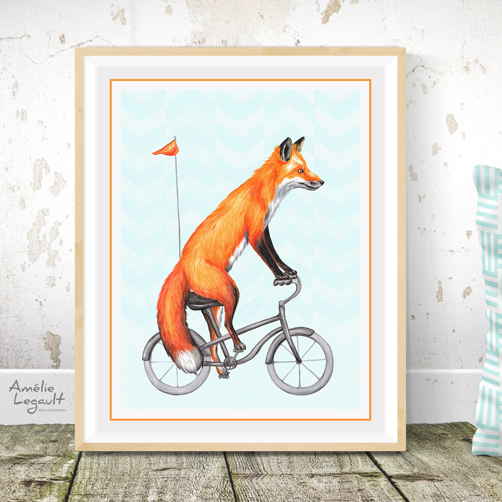 Fox on a bike, art print, fox Drawing, Home decor, fox theme decor, fox drawing, Amélie Legault, canadian animal, canadian art, bicycle print, bicycle art work