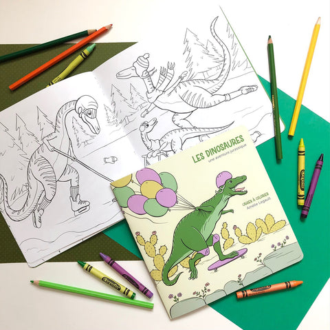 cahier à colorier de dinosaures par l'artiste autrice et illustratrice Amélie Legault, cahier à colorier pour enfants avec des dinosaures, fait au Québec, dinosaures qui patinent