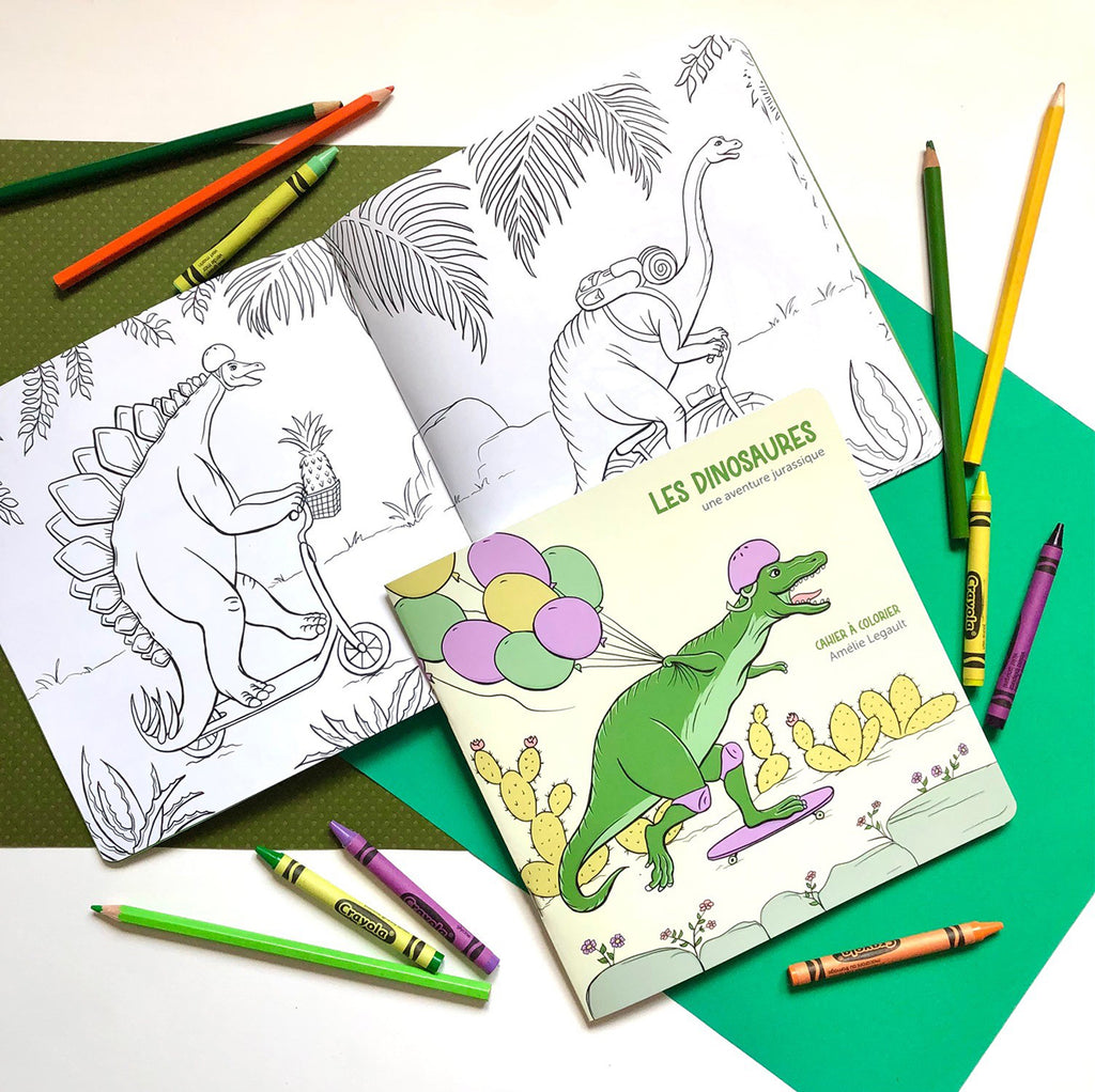 cahier à colorier de dinosaures par l'artiste autrice et illustratrice Amélie Legault, cahier à colorier pour enfants avec des dinosaures, fait au Québec, dinosaures à vélo