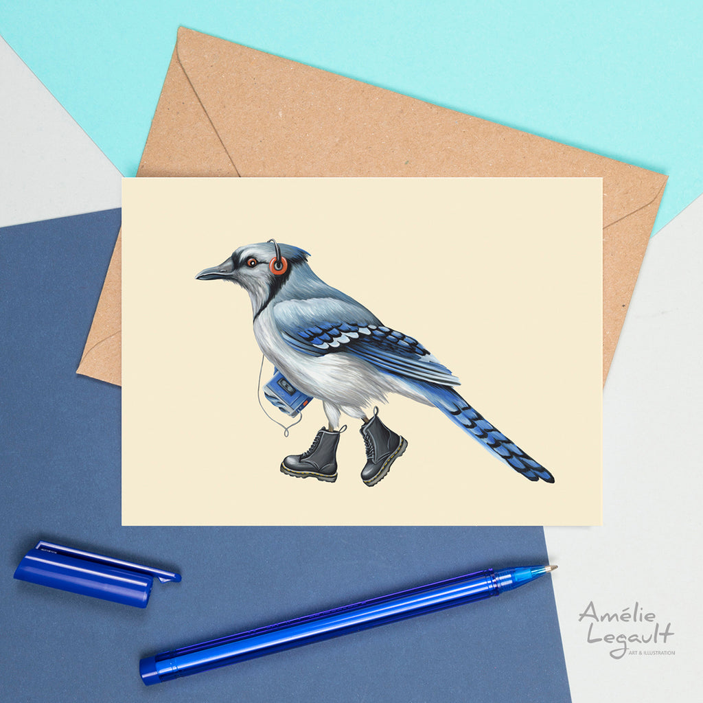 blue jay card, blue jay birthday card, bird card by Amélie Legault, walkman