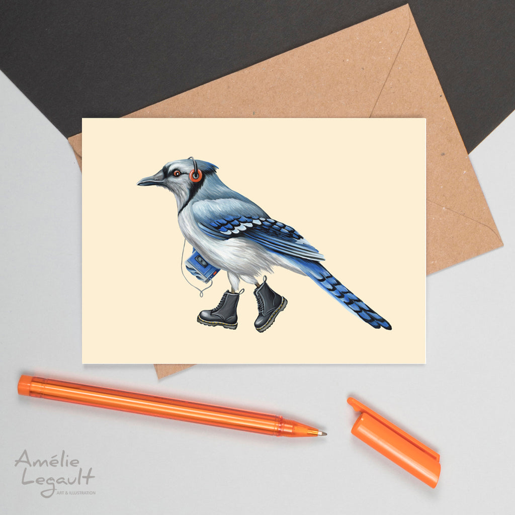 carte de souhaits de geai bleu, carte d'oiseau, carte de fête, Amélie Legault 