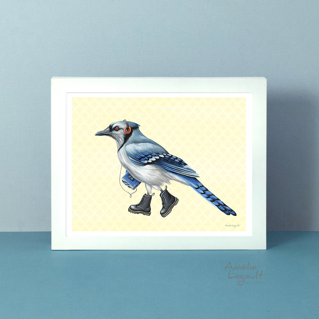 affiche de geai bleu, illustration de geai bleu, peinture de geai bleu, amélie legault, oiseau d'amérique du nord, oiseau du québec, illustration d'oiseau, walkman bleu, 990