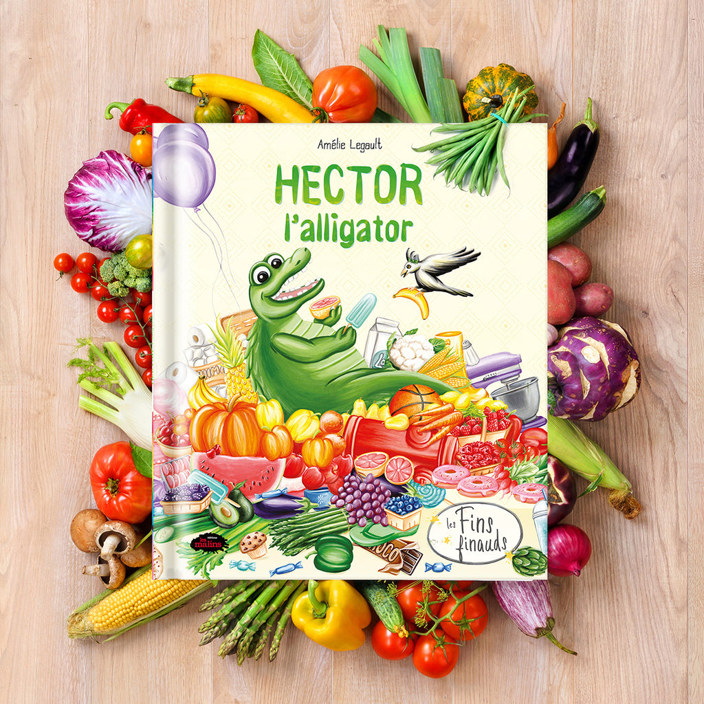 Illustration couverture d'Hector l'alligator, livre pour enfants Hector l'alligator par l'autrice et illustratrice Amélie Legault, publié aux Éditions Les Malins