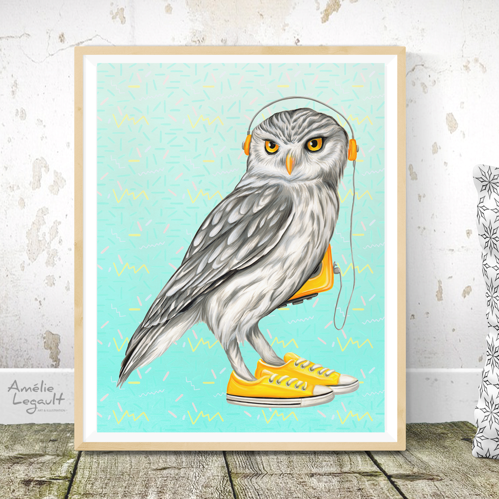 Owl wearing shoes, art print, gouache painting, home decor, owl illustration, owl painting, canadian artist, canadian art, made in canada, shoes, painting, illustration, yellow walkman, walkman, 1980s walkman