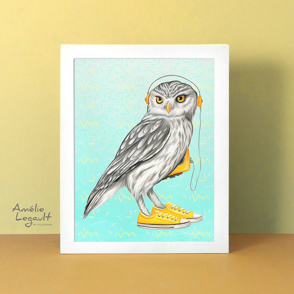 Owl wearing shoes, art print, gouache painting, home decor, owl illustration, owl painting, canadian artist, canadian art, made in canada, shoes, painting, illustration, yellow walkman, walkman, 1980s walkman