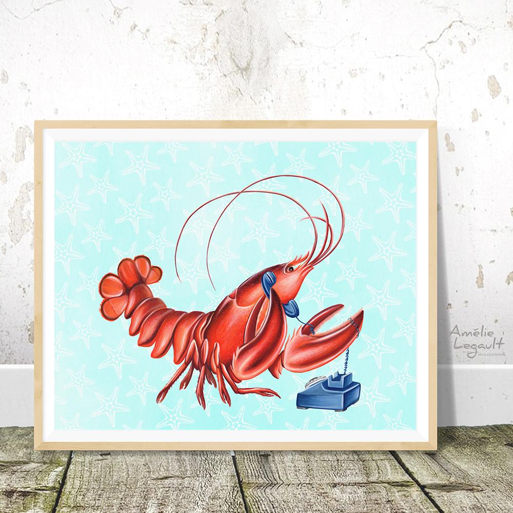 lobster art print, amelie legault, canadian art, canadian artist, canadian animal, sea food, hello print