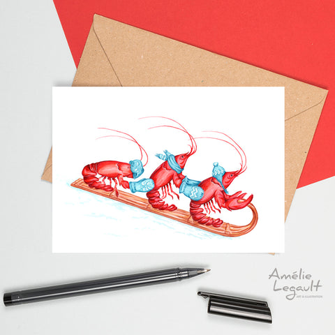 Carte de homard, carte de noël, homards qui glissent, carte d'hiver, Amélie Legault