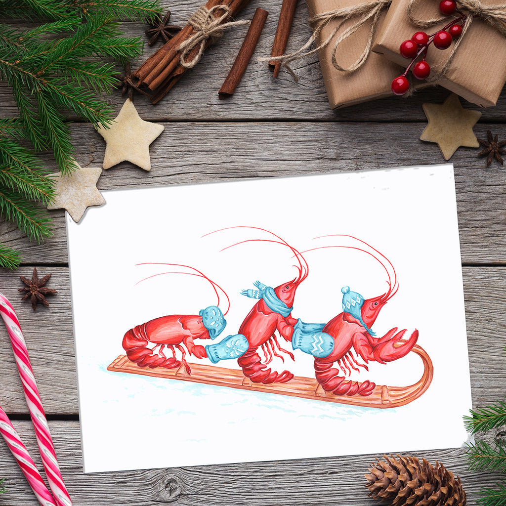 Carte de homard, carte de noël, homards qui glissent, carte d'hiver, Amélie Legault