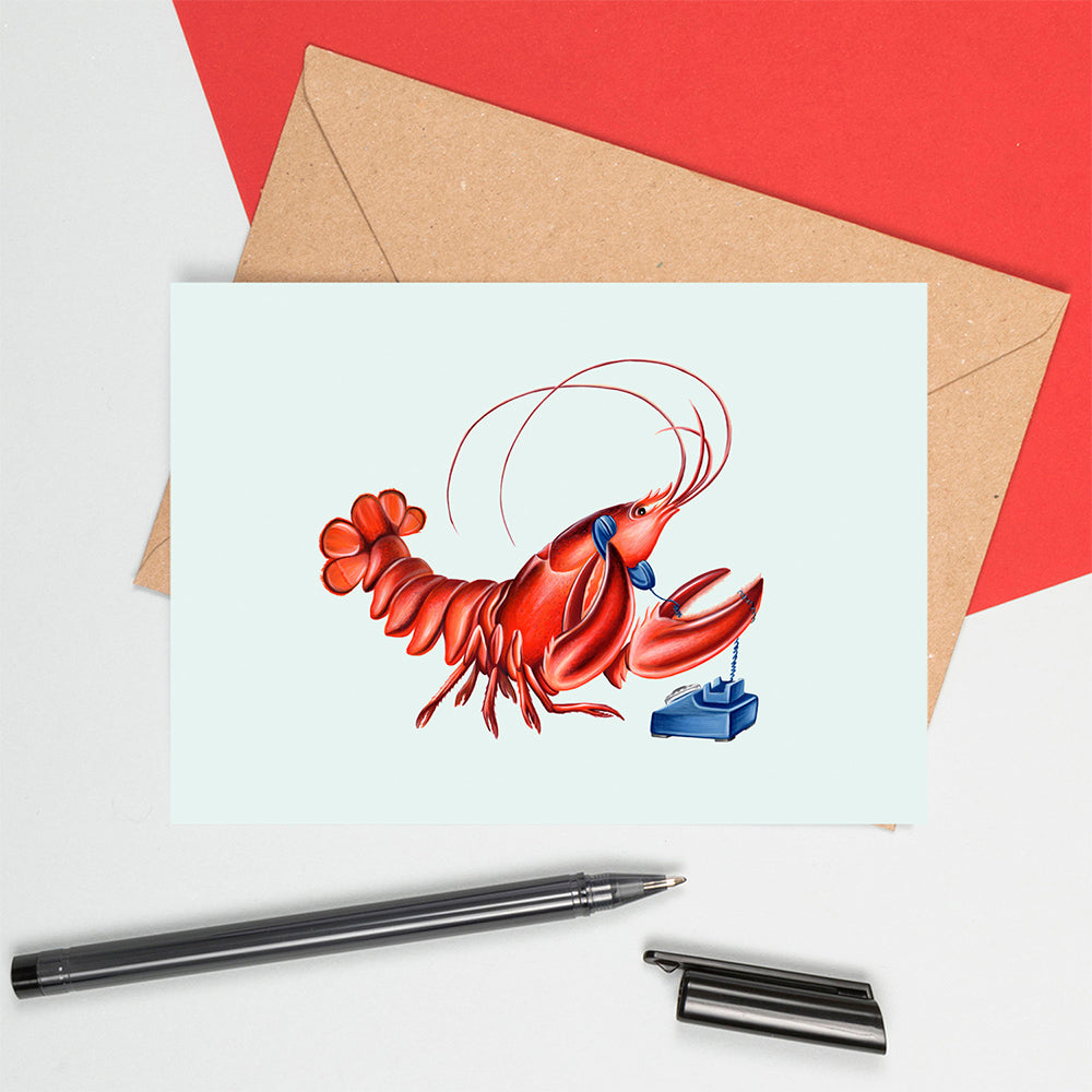 homard au téléphone, carte de souhaits, carte d'homard, carte d'anniversaire, illustration d'homard, amelie legault, fait au québec