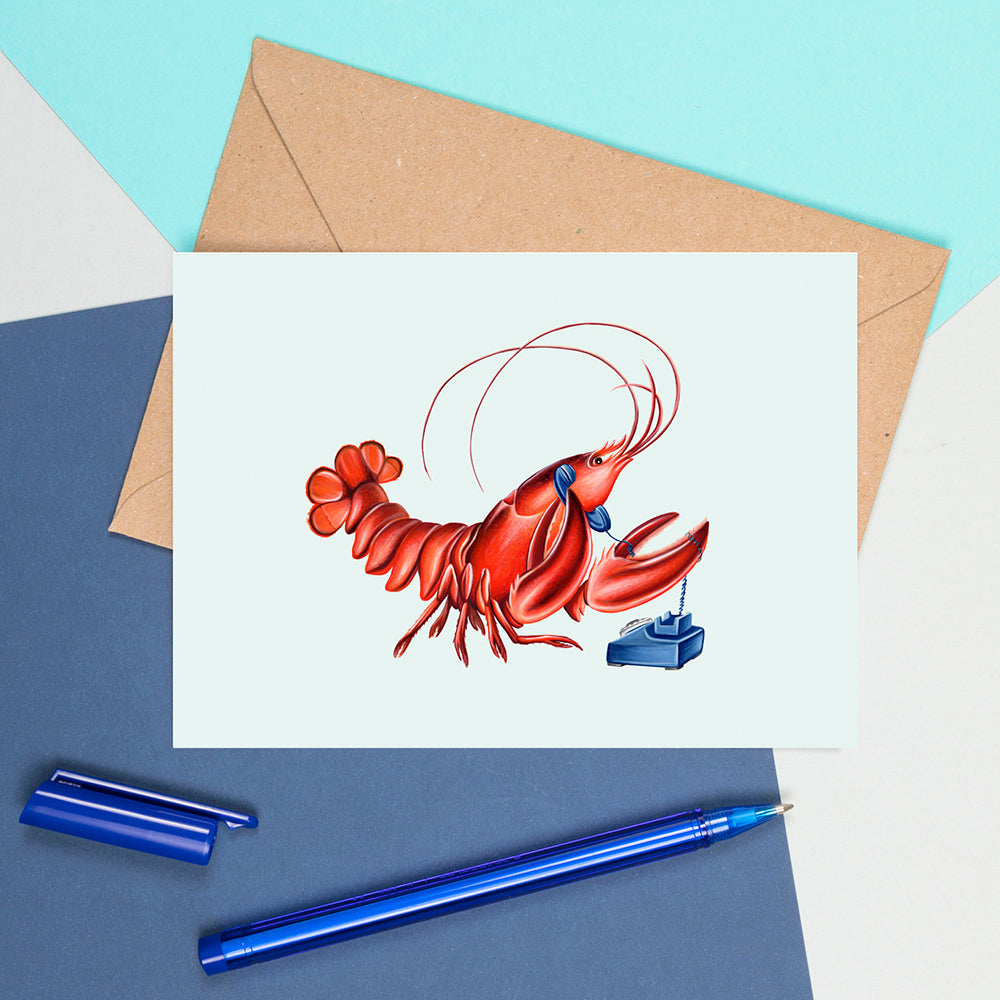 lobster on the phone, lobster card, greeting card, birthday card, amelie legault, rotary phone, vintage phone, made in canada