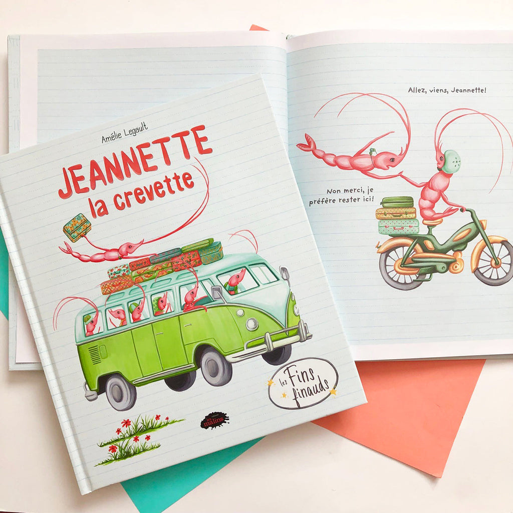 Illustration des crevettes en camionnette, issue du livre pour enfants Jeannette la crevette par l'autrice et illustratrice Amélie Legault, publié aux Éditions Les Malins